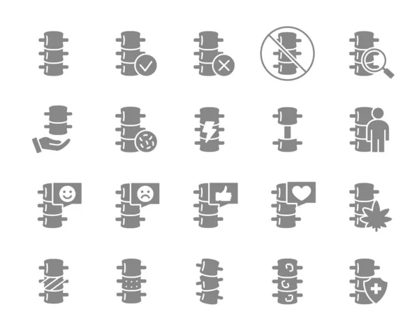 Set of human spine grey icon. Healthy vertebral column, spinal canal illness diagnosis, treatment symbol — Stock Vector