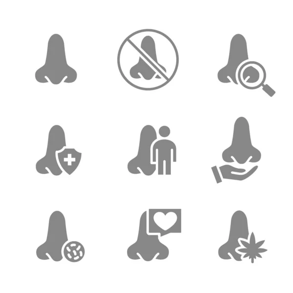 Set di icone grigio naso umano. Organo olfattoriale sano, naso e seni paranasali, diagnosi, simbolo di trattamento — Vettoriale Stock