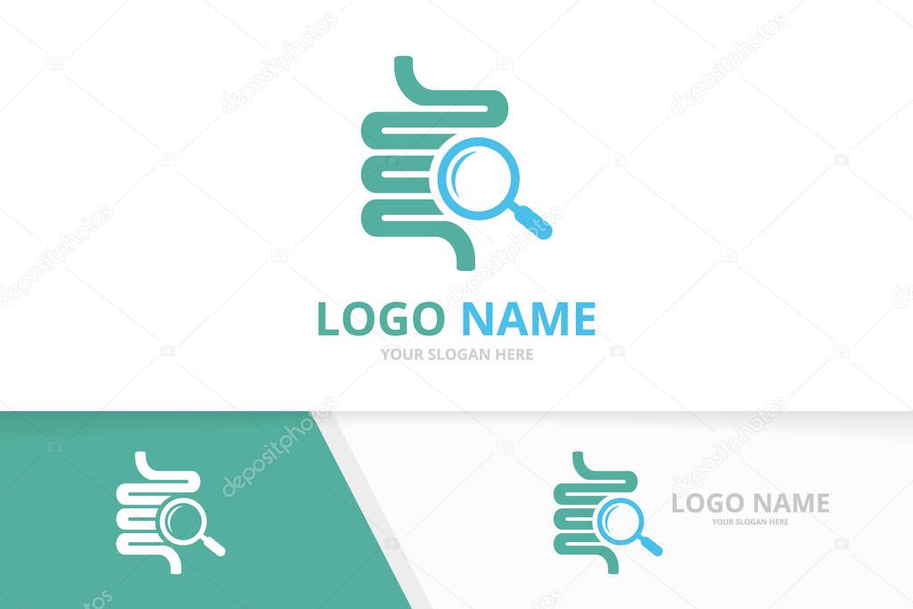 Vector intestine and loupe logo combination. Colon and magnifying glass symbol or icon. Unique digestion logotype design template.