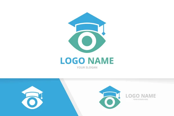 Logotipo de olho e chapéu pós-graduação. Modelo de design de logotipo exclusivo da faculdade. — Vetor de Stock