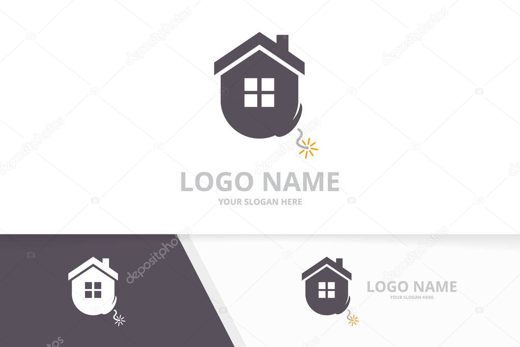 Vector real estate and bomb logo combination. House and detonate symbol or icon. Unique home logotype design template.
