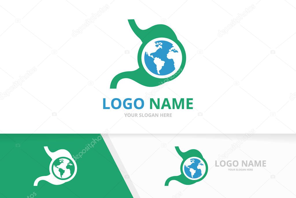 Vector stomach and earth logo combination. Gastroenterology symbol or icon. Unique gastrointestinal tract and globe logotype design template.
