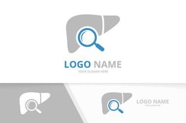 Vektör karaciğer ve loupe logo kombinasyonu. Benzersiz organ ve büyüteç logotip tasarım şablonu.