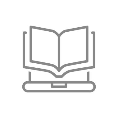 Dizüstü bilgisayar satırı simgesiyle kitabı aç. E-kitap, çevrimiçi kütüphane, eğitim kursu sembolü