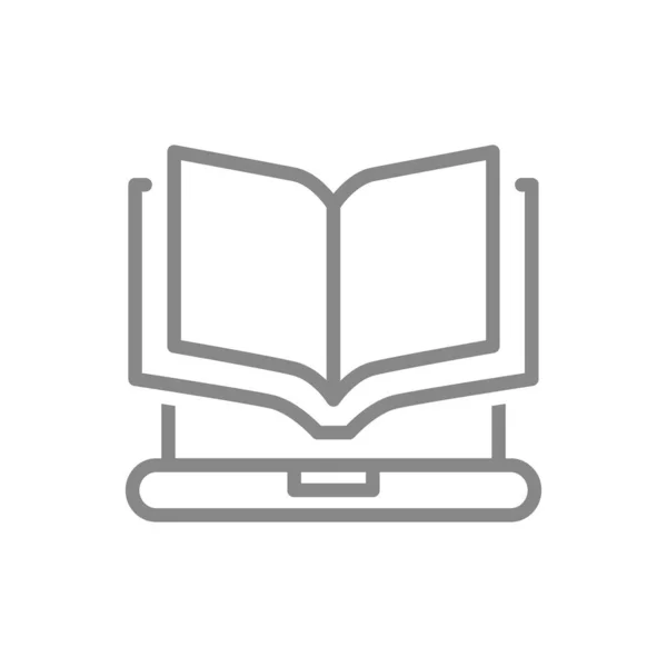 Livre ouvert avec icône de ligne d'ordinateur portable. E-book, bibliothèque en ligne, symbole de cours d'éducation — Image vectorielle