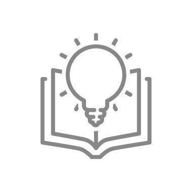 Ampul çizgisi ikonlu kitabı aç. Ansiklopedi, akıllı düşünce, beyin fırtınası sembolü.