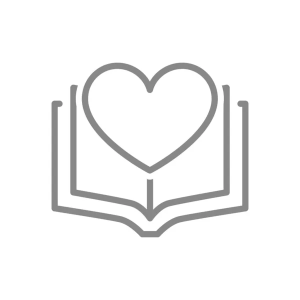 Livre ouvert avec icône de ligne de coeur. Journal d'amour, symbole des histoires d'amour — Image vectorielle