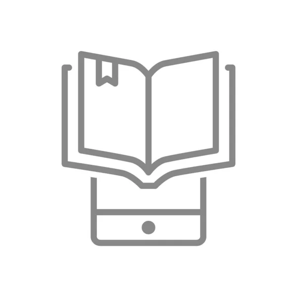 Livre ouvert avec icône de ligne de smartphone. E-book, bibliothèque en ligne, symbole de cours d'éducation — Image vectorielle
