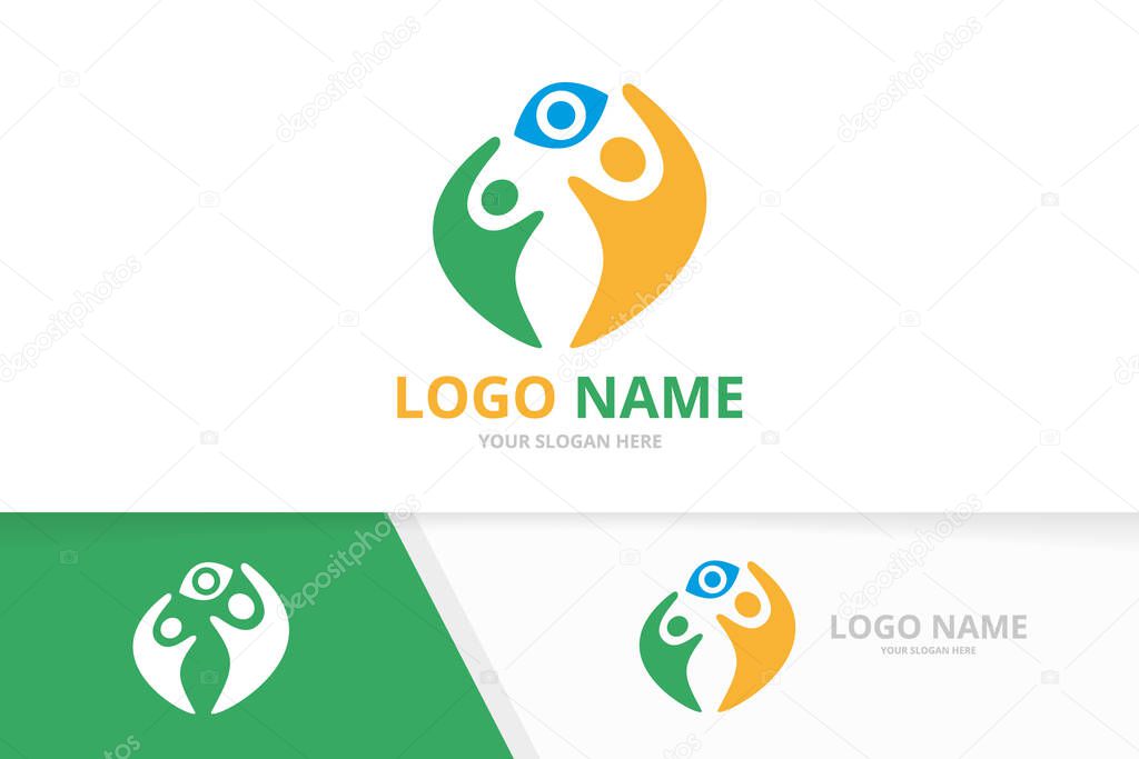 Vector eye and family logo combination. Optic and team symbol or icon. Unique vision and people logotype design template.
