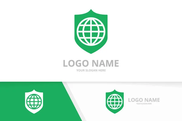 Kombination aus Vektorschild und Globus-Logo. Sicherheits- und Welt-Logotypen-Design-Vorlage. — Stockvektor