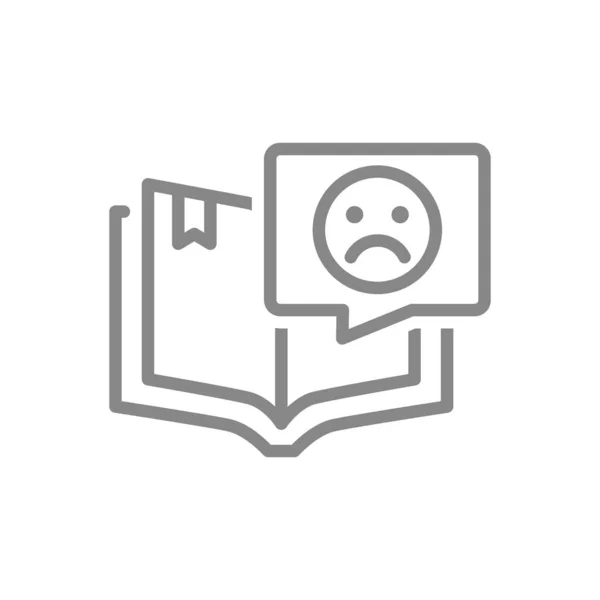 Open book with sad face in speech bubble line icon. Bad literature review, negative feedback symbol — стоковый вектор