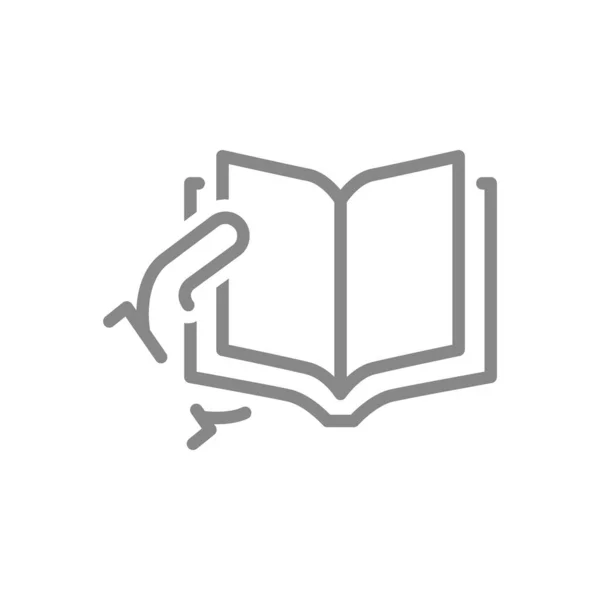 A mão segura um ícone de linha de livro aberto. Leitura da enciclopédia, símbolo da educação universitária — Vetor de Stock
