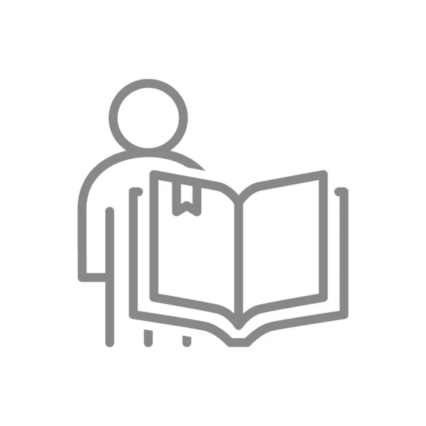 Open boek met menselijk lijnpictogram. Boekenwinkel, onderwijscursus symbool — Stockvector