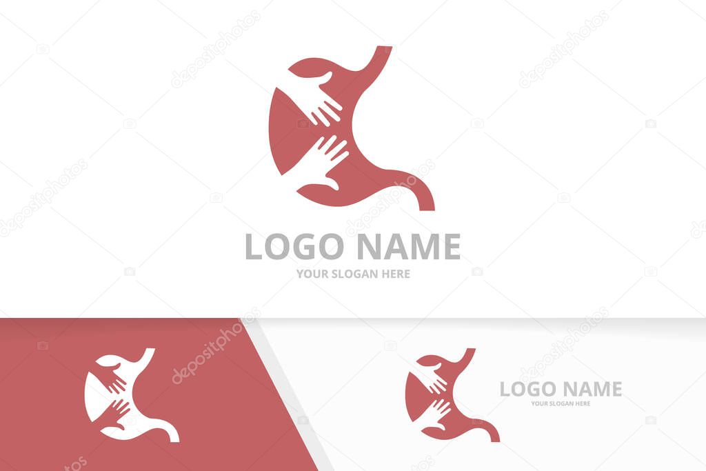 Vector stomach and embrace logo combination. Gastroenterology symbol or icon. Unique gastrointestinal tract and hands logotype design template.