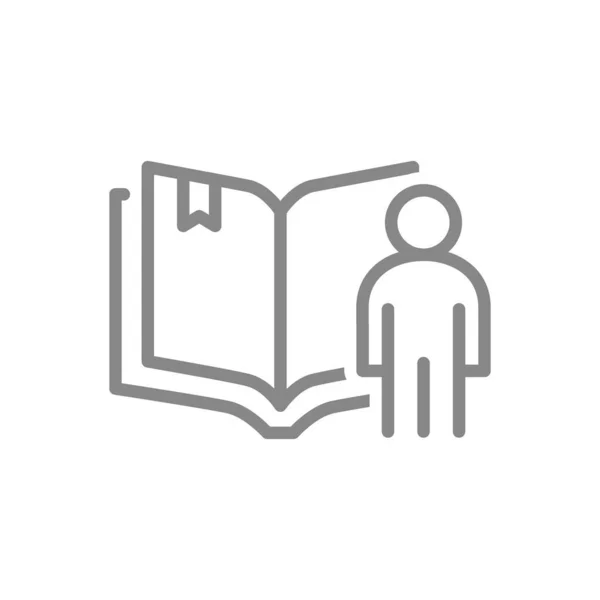 Ouvrir le livre avec l'icône de la ligne homme. Livre de lecture, cours en ligne, symbole de bibliothèque — Image vectorielle