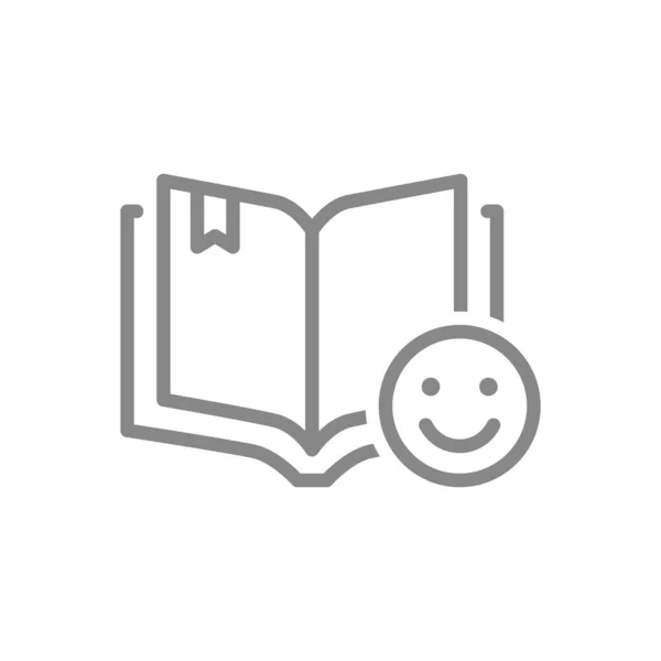 Abrir livro com ícone de linha de rosto feliz. Classificação feliz, tipo, símbolo de revisão do leitor — Vetor de Stock