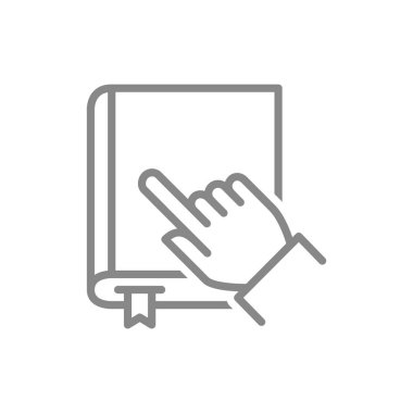 İnsan bir kitap satırı ikonu seçer. Ansiklopedi, e-kitap, çevrimiçi kütüphane sembolü