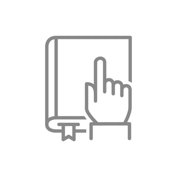La mano tocca un'icona di linea di libro. Libro di lettura, simbolo della biblioteca online — Vettoriale Stock
