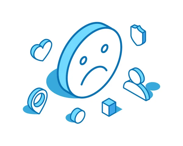 Nieszczęśliwy emotikony niebieska linia izometryczna ilustracja. Zdenerwowany, niezadowolony szablon banera 3D twarzy. — Wektor stockowy