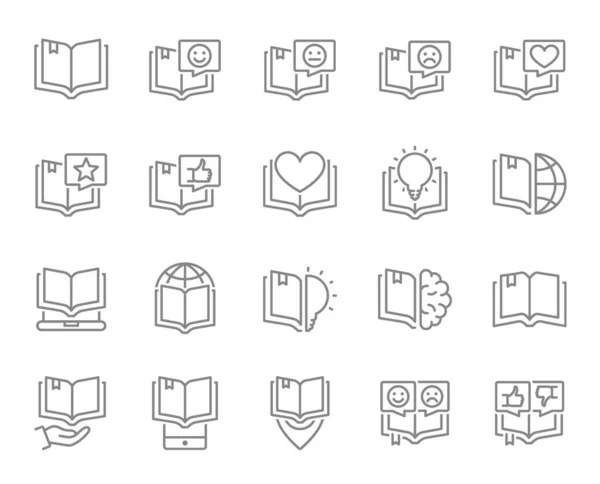 Conjunto de iconos de línea de libro abierto. Tormenta de ideas, diario de amor, mejor libro, enciclopedia, buena literatura y más. — Vector de stock