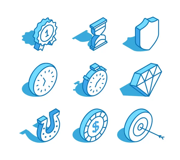 Set of web isometric icon. Hourglass, shield, clock, stopwatch, diamond, coin and more. 3D line style symbol. — Vetor de Stock