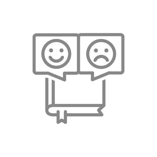 Boek met verschillende emoties lijn icoon. Reader feedback, positieve en negatieve emoji symbool — Stockvector