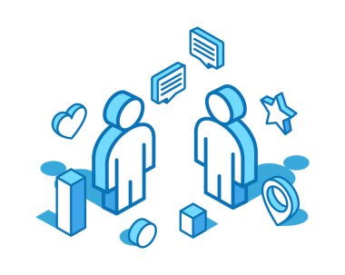 Takım mavi çizgi izometrik çizim. İnsan grubu, ortaklık 3B afiş şablonu.