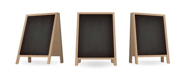 Conjunto de soportes a-frame de pizarra negra en diferentes vistas. Tablero en blanco realista para el anuncio del menú. Equipo especial de publicidad callejera. — Vector de stock