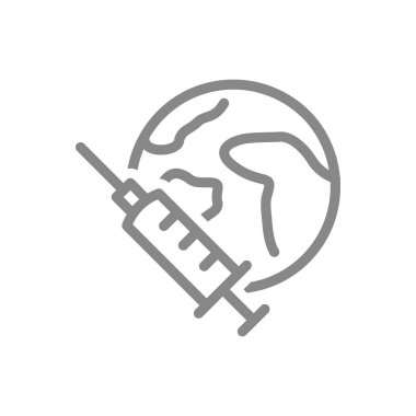 Tıbbi şırınga ve Dünya çizgisi ikonu. Dünya aşısı, bağışıklık, enjeksiyon