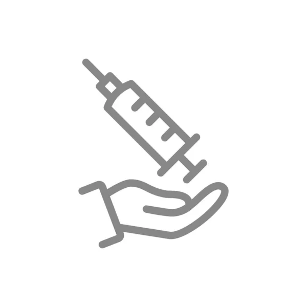 手線のアイコン上の医療注射器。注射、予防接種、予防措置、予防接種を行う — ストックベクタ