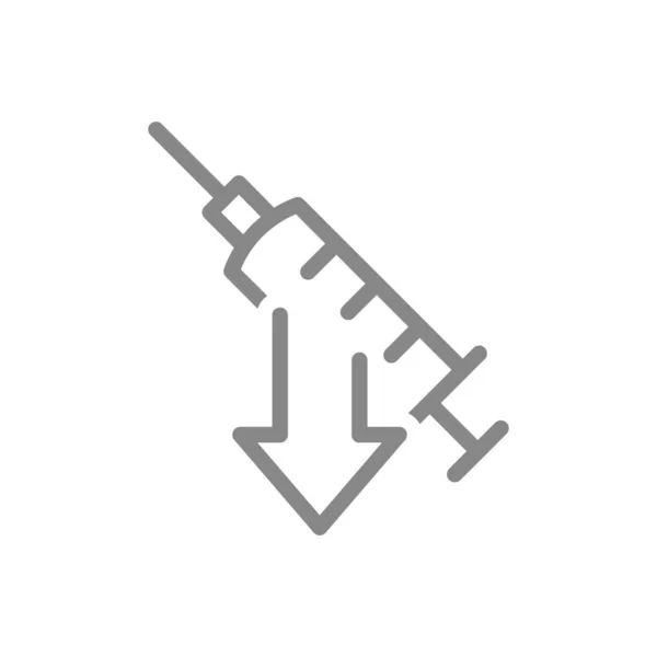 Jeringa médica e icono de línea de flecha hacia abajo. Vacunación de la población, inmunización — Archivo Imágenes Vectoriales