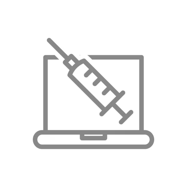 Jeringa médica e icono de la línea del ordenador portátil. Información de vacunación, inmunización, registro para la vacunación — Archivo Imágenes Vectoriales