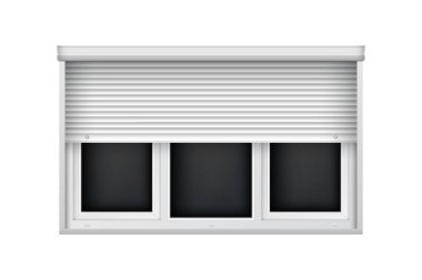 Yarı açık kör beyaz üçlü plastik pencere. Cam pencere için gerçekçi paten panjuru. İç dekorasyon için büyük jalousie model şablonu.