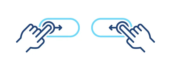 Rechts, linkertelefoon veeg gebaren. Aan, uit schakelen schuifregelaar blauwe lijn pictogrammen. Bedieningssymbolen vergrendelen en ontgrendelen — Stockvector