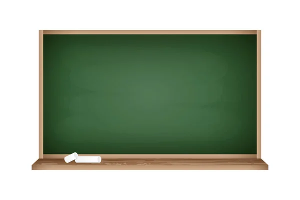 Realistisch schoolbord met lege groene ruimte. Krijtbord met houten frame en stukjes krijt. Onderwijsaanbod. — Stockvector