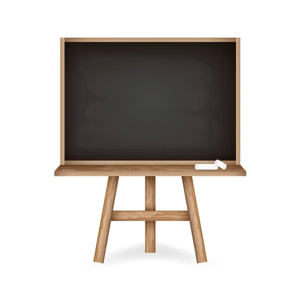 Uitgewreven schoolbord met schone zwarte ruimte. Realistisch zwart krijtbord met houten lijst houder en stukjes krijt. Ontwerp van onderwijsbenodigdheden. — Stockvector