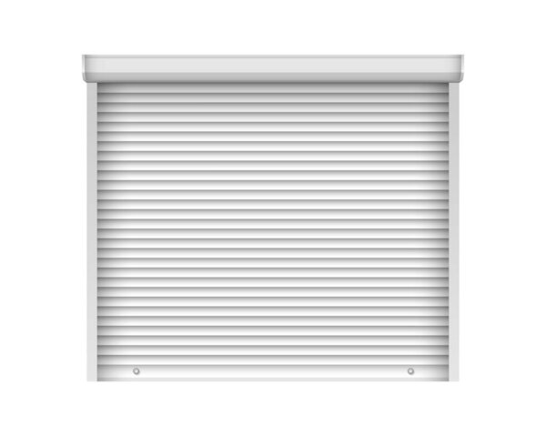 Realistic white shutter door for metal gate. Metal industrial rolling shutter mockup template. Closed roller garage door isolated on white background