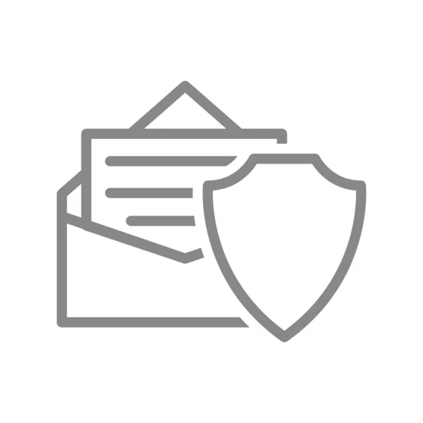 Bouclier protecteur et lettre dans une icône de ligne d'enveloppe. Antivirus, protection des courriels, configuration de la sécurité des courriels — Image vectorielle