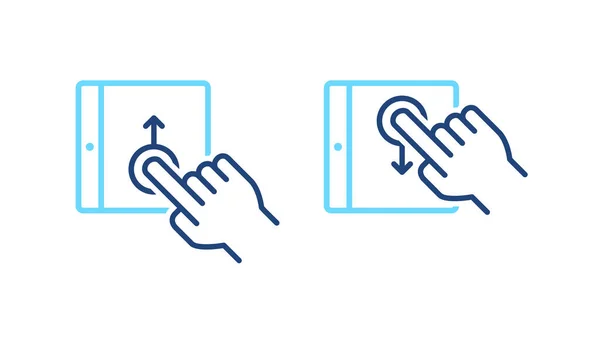 Állítsa be a mobil tabletta felfelé, lefelé húzás gesztus kék vonal ikonok. Telefonképernyő kézi szimbólumokkal UI web design. — Stock Vector