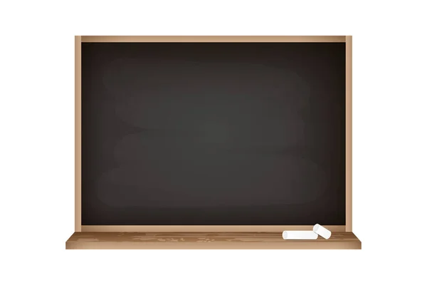 Realistisch krijtbord met houten frame en stukjes krijt. Schoolbord met lege zwarte ruimte. Onderwijsaanbod. — Stockvector