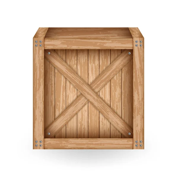 Caja de madera antigua realista para almacenamiento y diseño de entrega. Recipiente vintage fabricado en tablones con tornillos metálicos. Plantilla de maqueta contenedor de carga. — Vector de stock