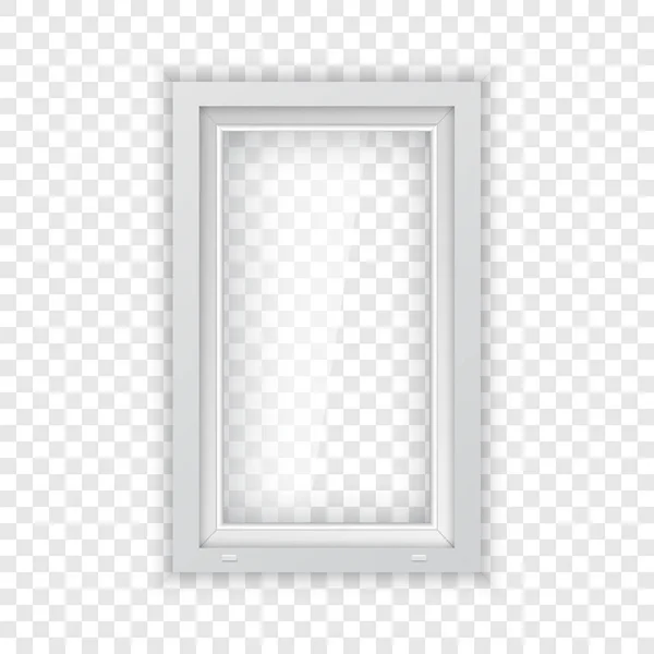 Janela de plástico de metal com moldura branca. Modelo de maquete de janela de plástico realista para design de interiores ao ar livre. Quadro do vidro da janela e painel claro. — Vetor de Stock