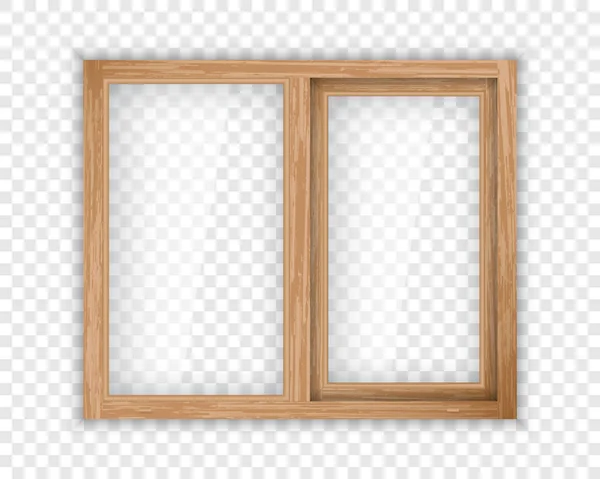 Realistic window with wood texture frame. Double casement wooden window mockup template. Windowpane frame and transparent pane for outdoor interior design. — Stock Vector