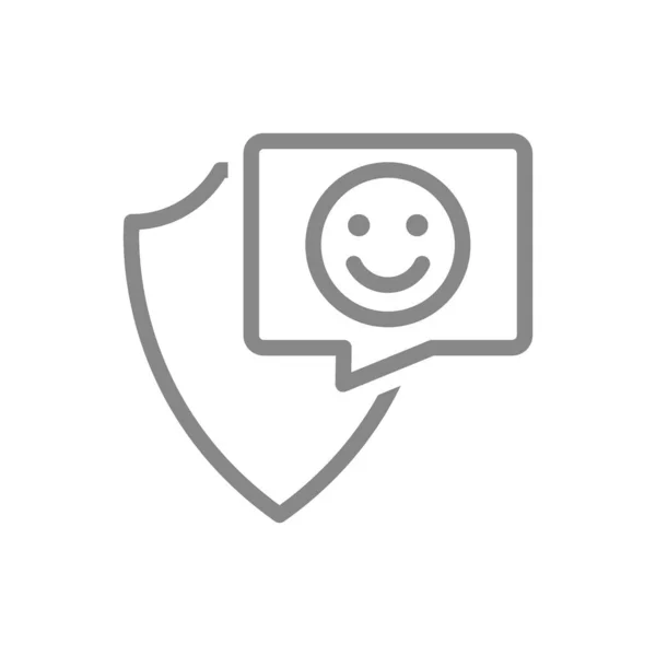 Escudo protector con cara feliz en el icono de la línea del habla de la burbuja. Protección, calificación emoji, retroalimentación, evaluación positiva, — Vector de stock