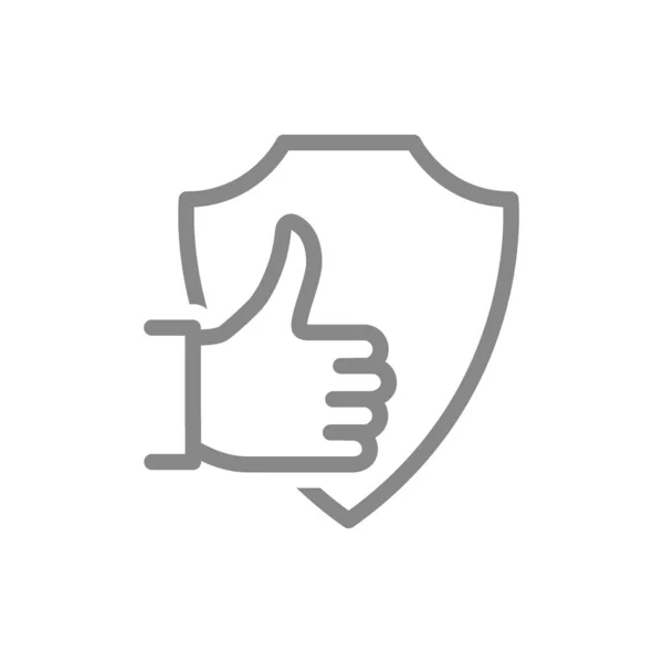 Escudo protector con el pulgar hacia arriba icono de la línea de gesto. Protección, seguros, evaluación positiva del sistema de protección, defensa — Archivo Imágenes Vectoriales
