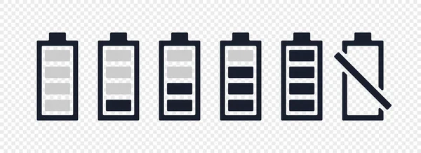 Set Batterie schwarzes Symbol. Ladeanzeige, Powerbank, Aufladen, volle und niedrige Batterie, Akku und mehr. — Stockvektor