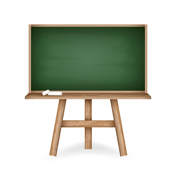 Realistic green chalkboard with wooden frame holder and pieces of chalk. Rubbed out chalkboard with clean green space. Education supplies design concept.
