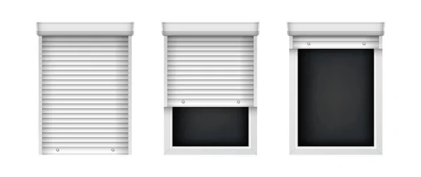 Set de ventanas de plástico con persianas. Persianas enrollables realistas para ventanas de vidrio. Parrilla de ventana cerrada y abierta para el diseño de decoración de interiores — Vector de stock