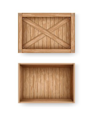Gerçekçi kargo kutuları resimleme şablonu. Tahtalardan yapılmış boş tahta sandık. Eski kalaslarla dolu tahta kutuları aç ve kapat..