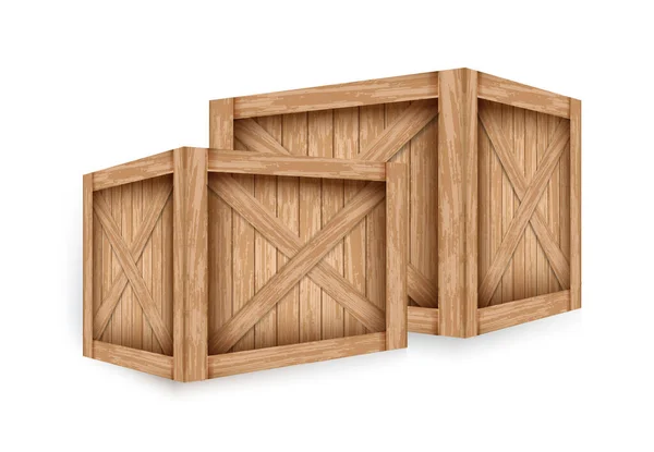 Caixas de carga diferentes realistas. Caixas de madeira vintage feitas de tábuas para armazenamento e design de entrega. Recipientes de madeira modelo de mockup. — Vetor de Stock